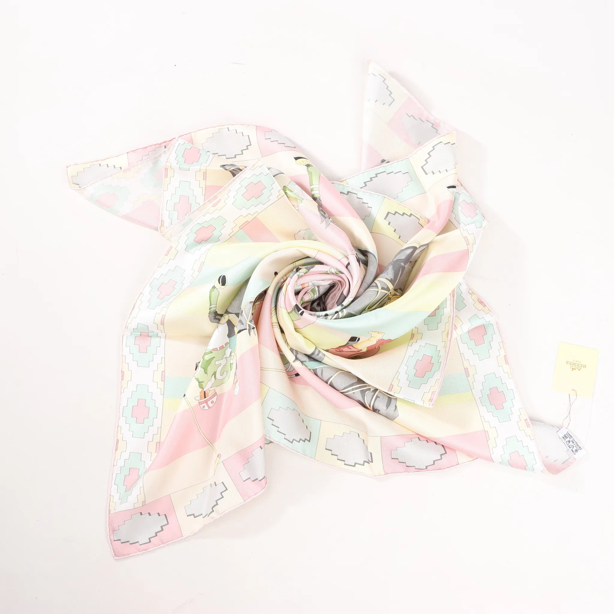 Hermes Carré 90 "LES PONEYS DE POLO" Silk handkerchief in Pink