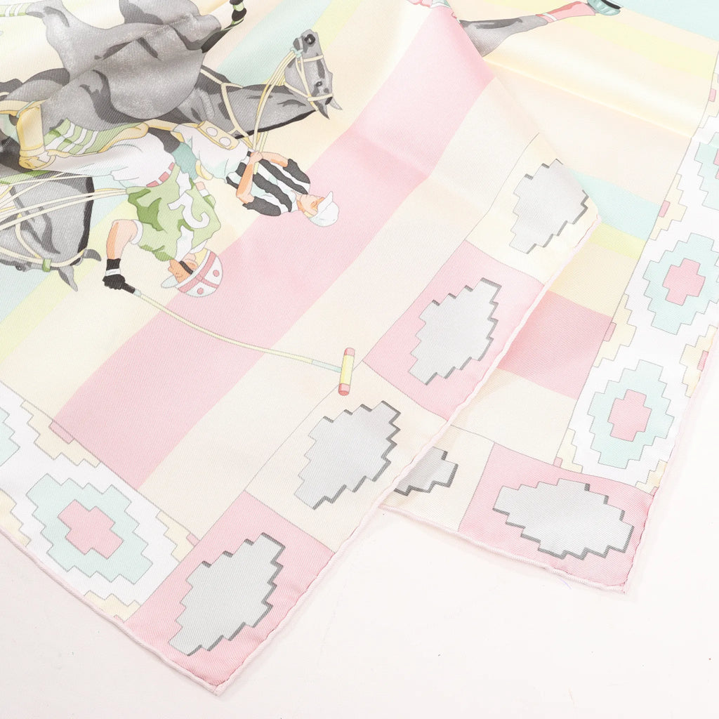 Hermes Carré 90 "LES PONEYS DE POLO" Silk handkerchief in Pink