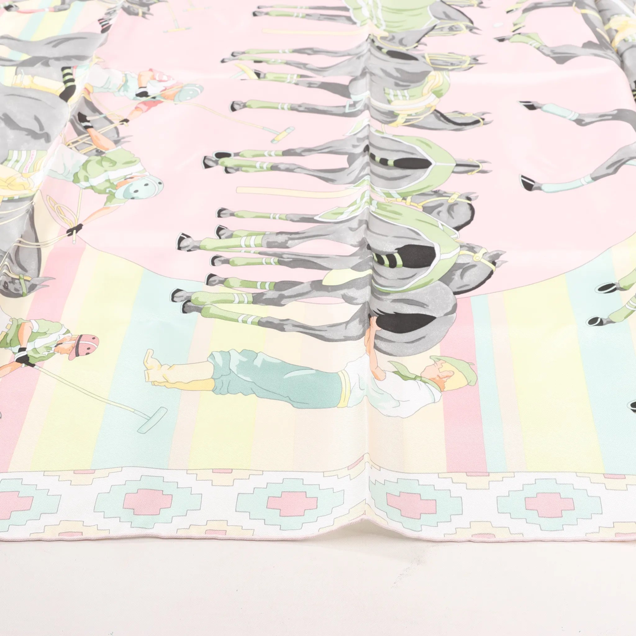 Hermes Carré 90 "LES PONEYS DE POLO" Silk handkerchief in Pink