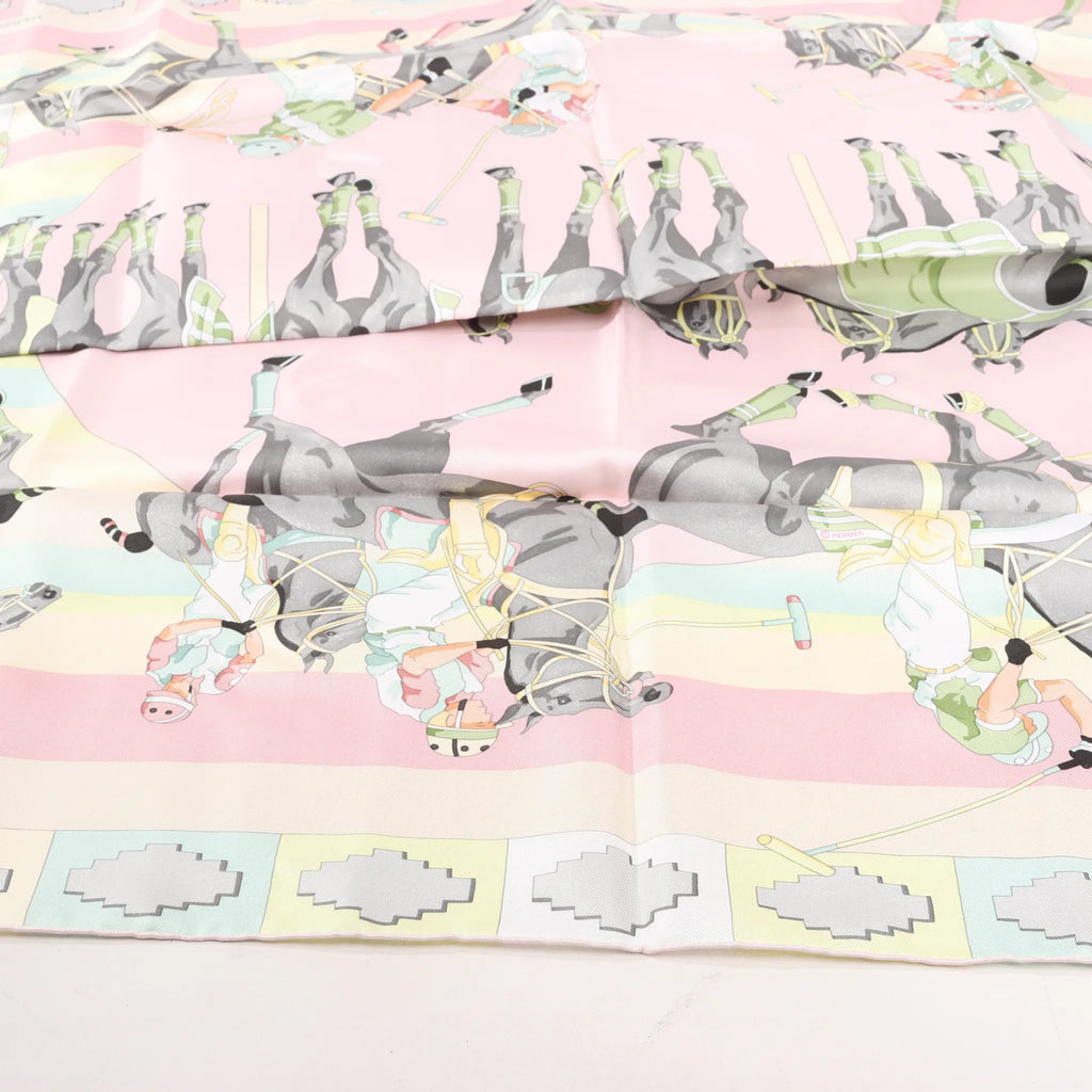 Hermes Carré 90 "LES PONEYS DE POLO" Silk handkerchief in Pink