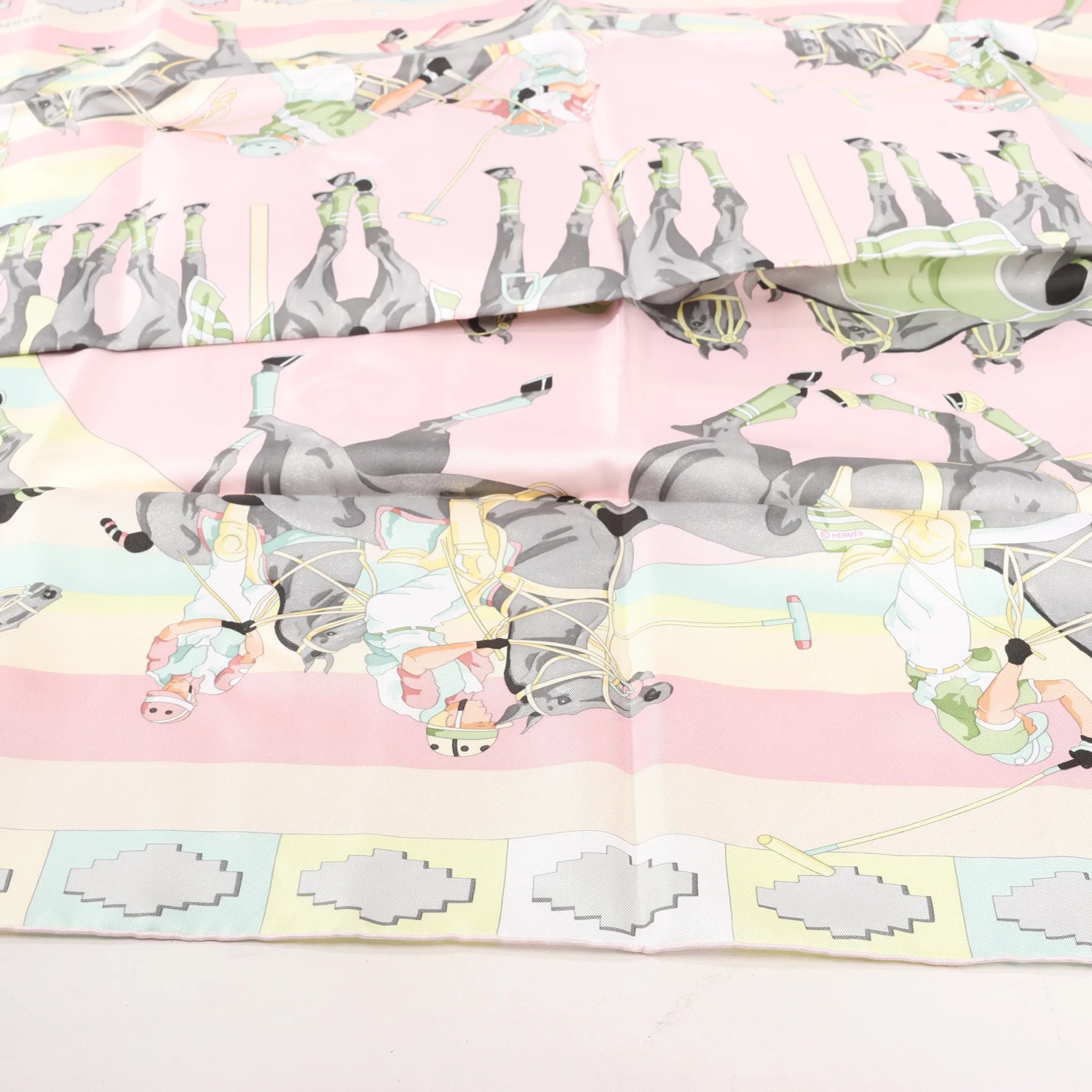 Hermes Carré 90 "LES PONEYS DE POLO" Silk handkerchief in Pink