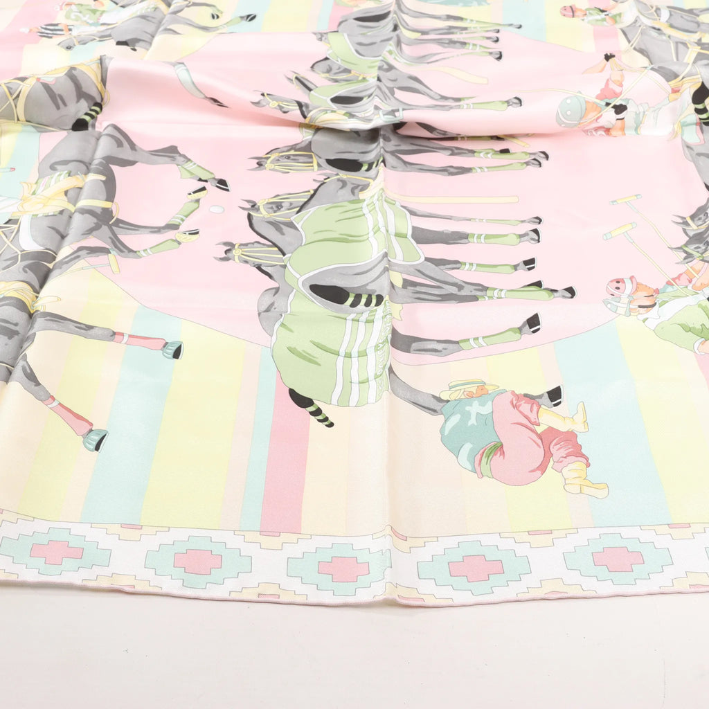 Hermes Carré 90 "LES PONEYS DE POLO" Silk handkerchief in Pink