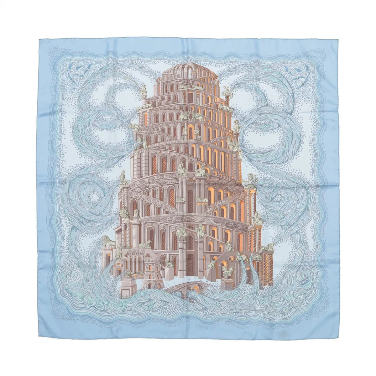 Hermès Carré 90 "Les Rivières de Babel" silk handkerchief in light blue featuring an elaborate tower with architectural details surrounded by swirling river designs.