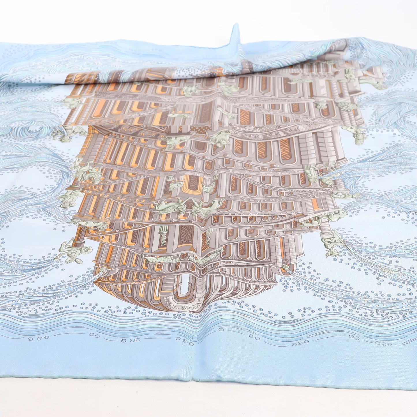 Hermès Carré 90 „LES RIVIERES DE BABEL“ Seidentaschentuch in Blau