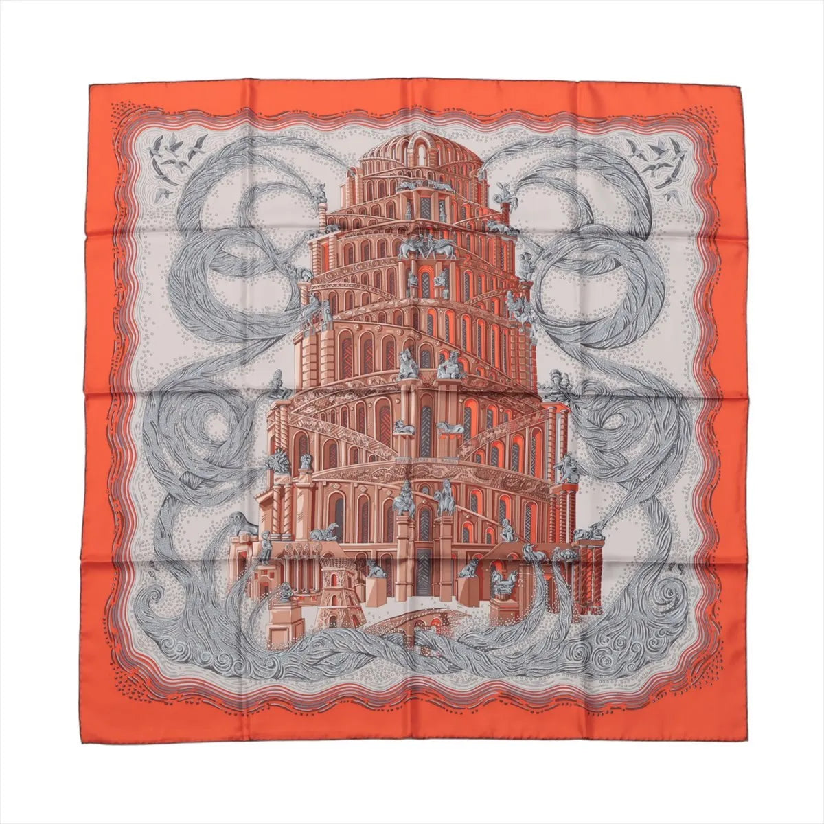 Hermès Carré 90 silk scarf in orange featuring the "Les Rivières de Babel" design with a towering architectural motif surrounded by swirling river illustrations.