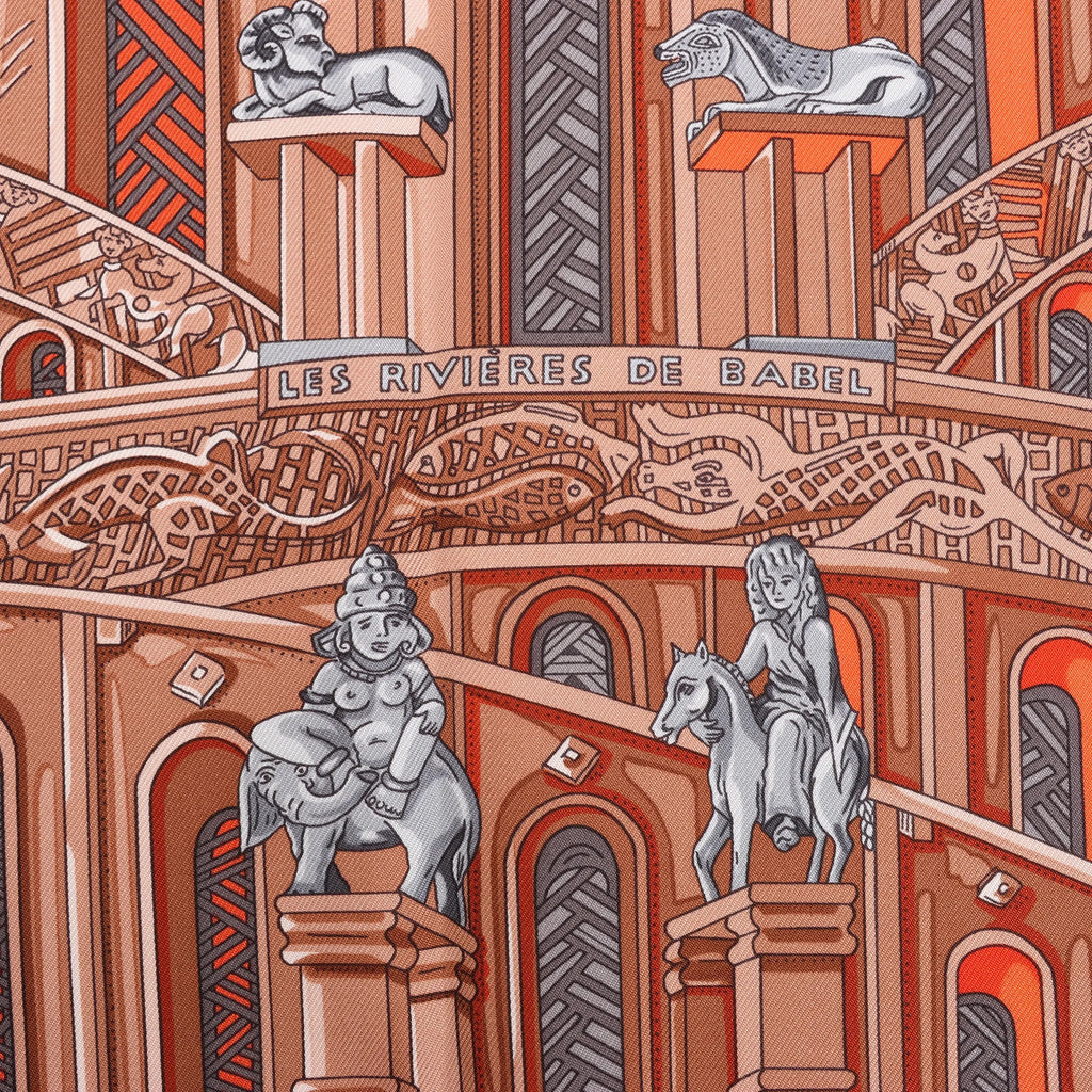 Hermès Carré 90 "LES RIVIERES DE BABEL" Silk handkerchief in Orange