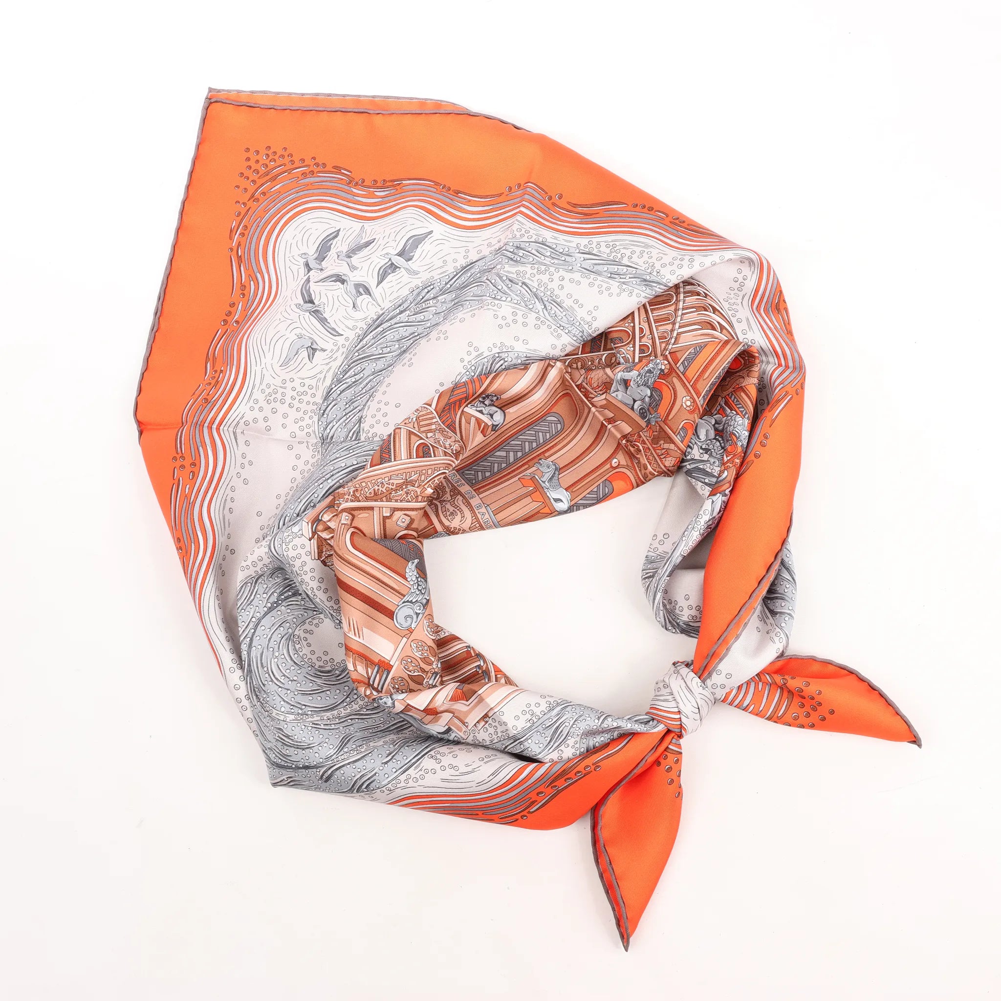 Hermès Carré 90 "LES RIVIERES DE BABEL" Silk handkerchief in Orange