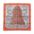 Hermès Carré 90 silk scarf in orange featuring the "Les Rivières de Babel" design with a towering architectural motif surrounded by swirling river illustrations.