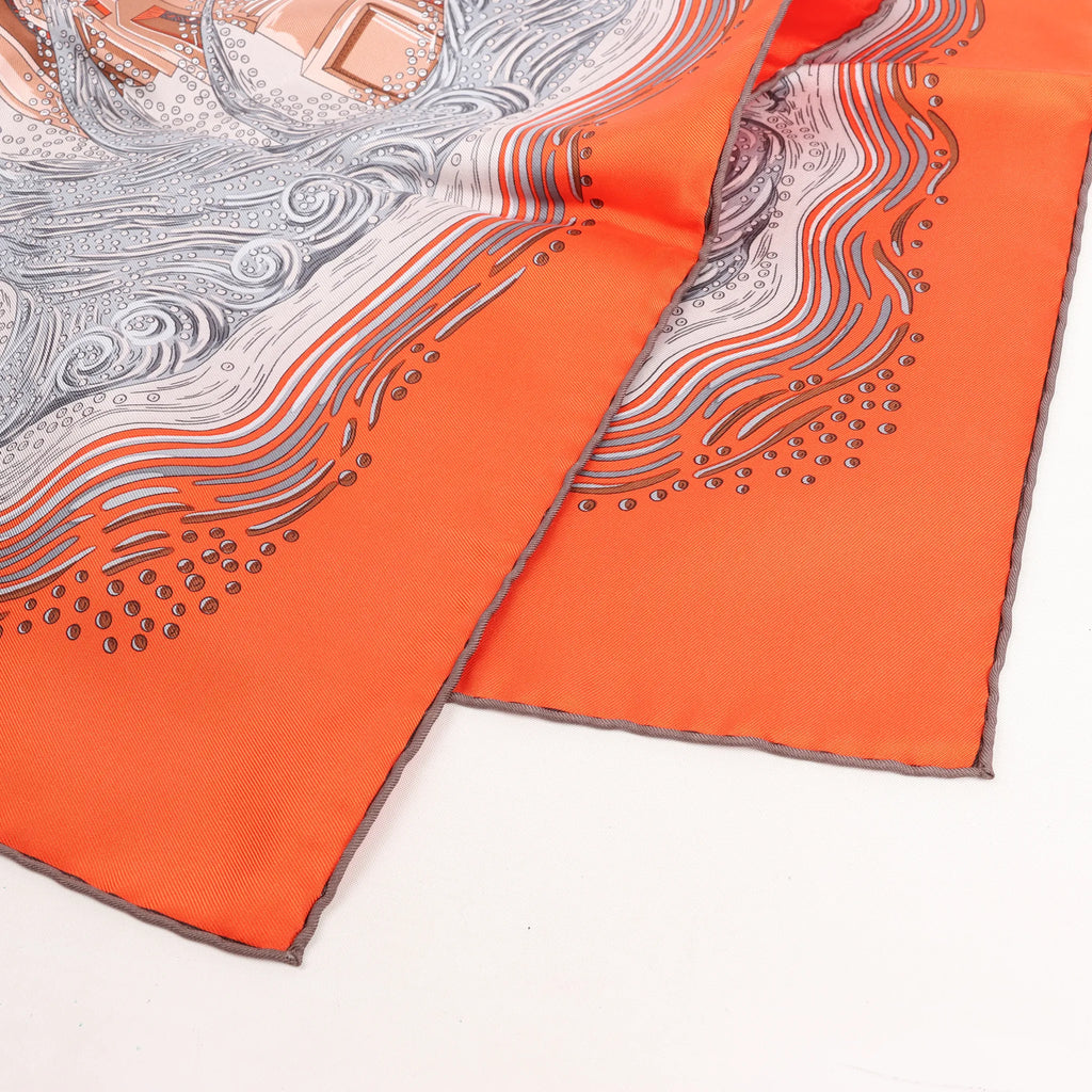 Hermès Carré 90 "LES RIVIERES DE BABEL" Silk handkerchief in Orange