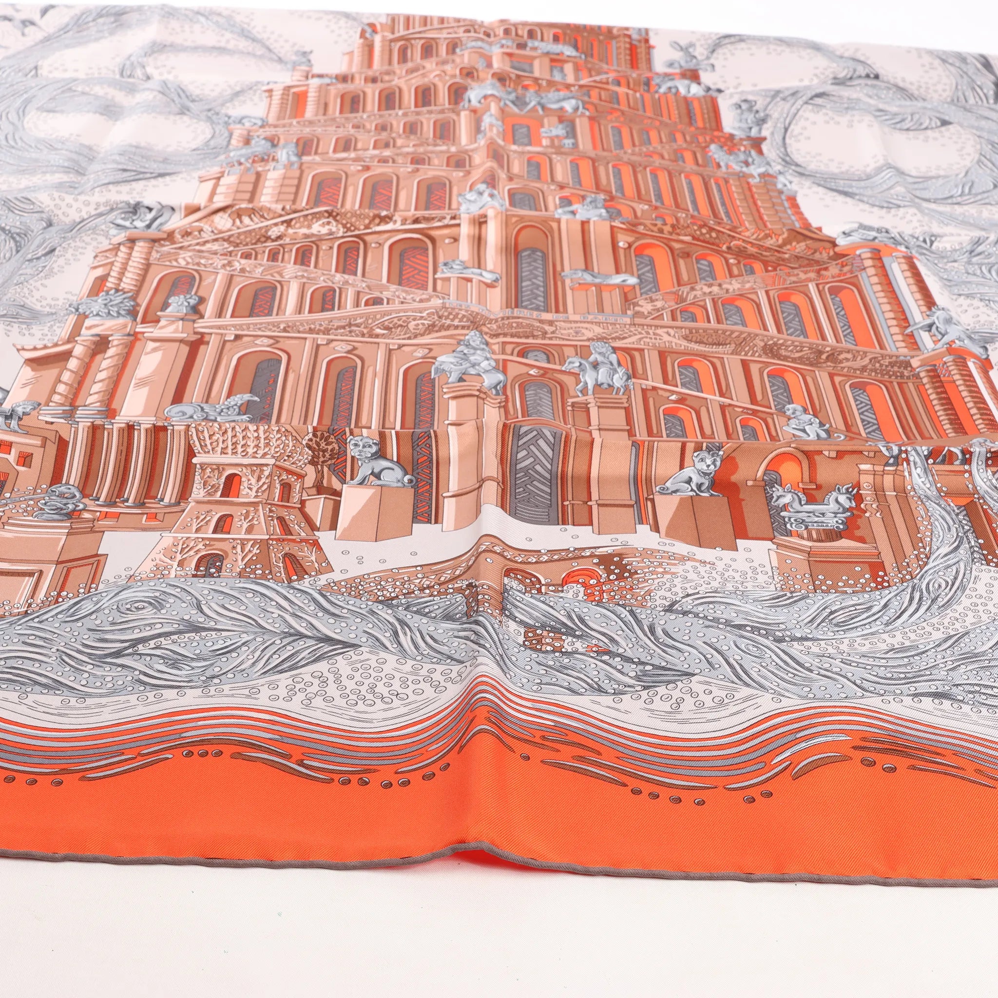 Hermès Carré 90 "LES RIVIERES DE BABEL" Silk handkerchief in Orange