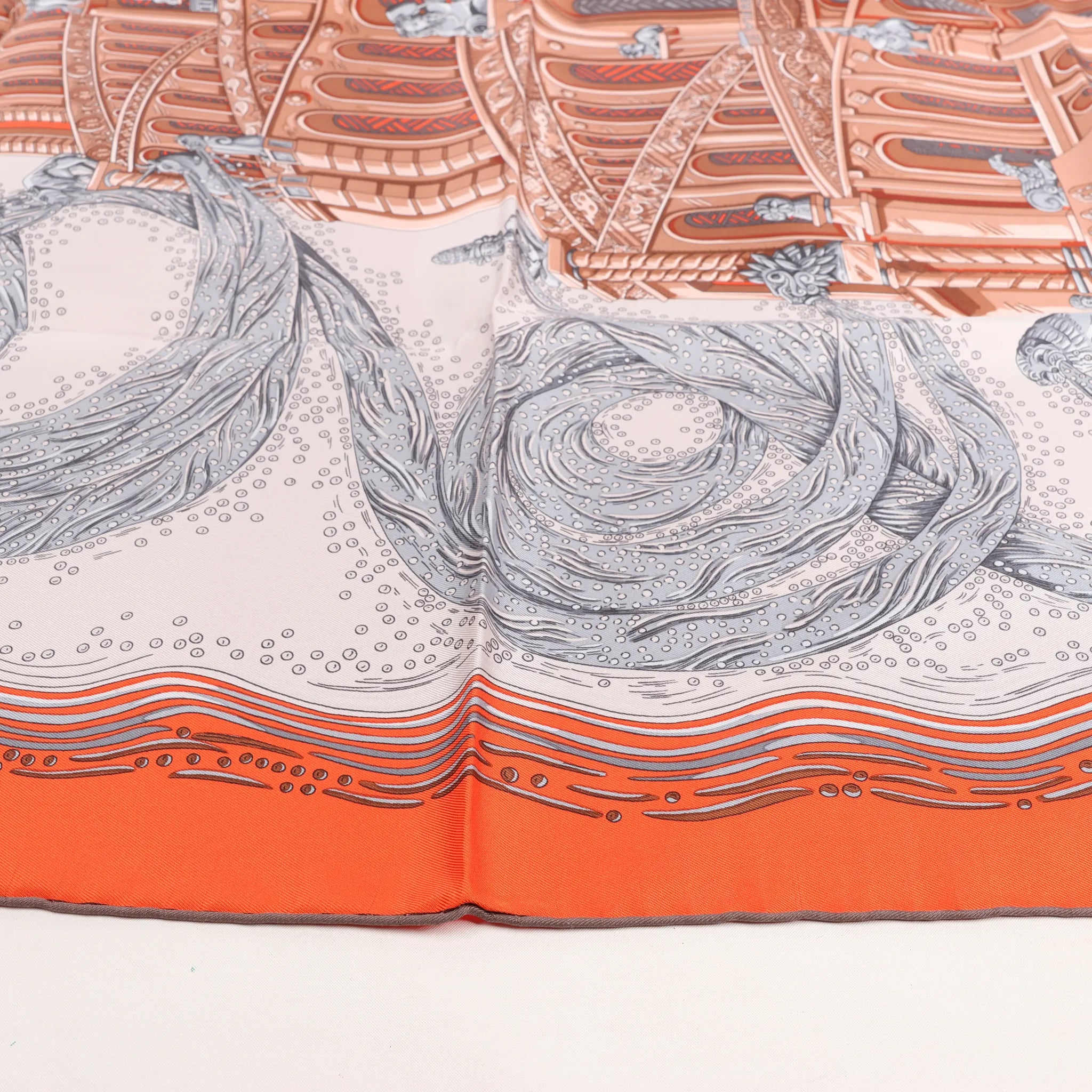 Hermès Carré 90 "LES RIVIERES DE BABEL" Silk handkerchief in Orange