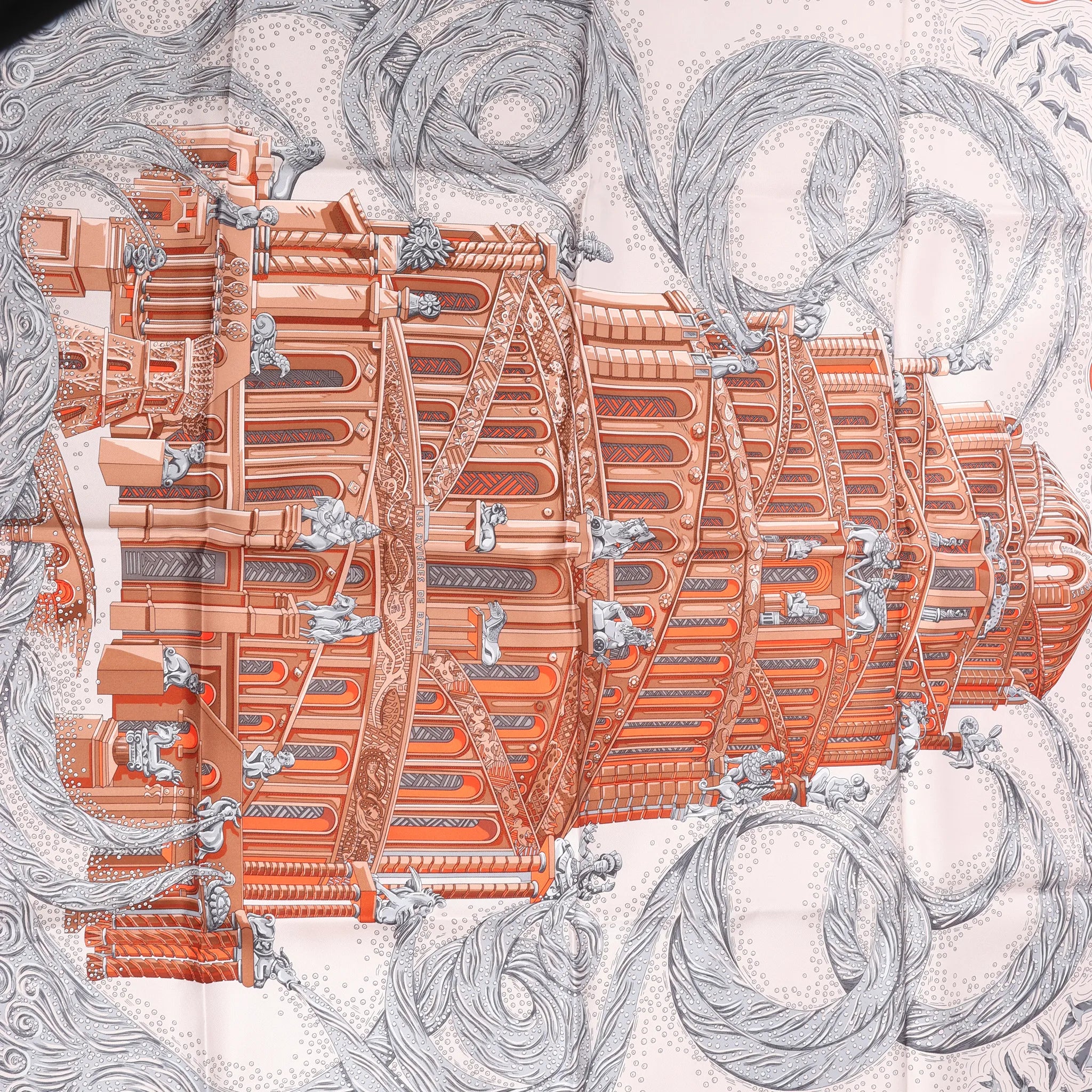 Hermès Carré 90 "LES RIVIERES DE BABEL" Silk handkerchief in Orange