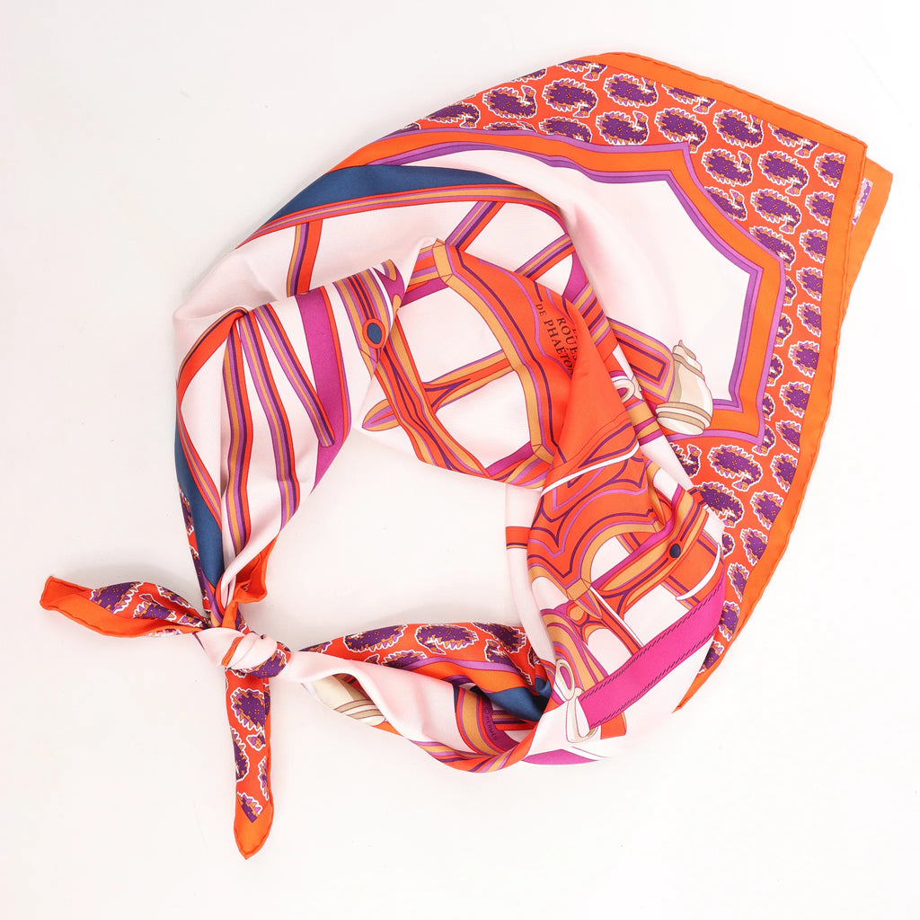 Hermès Carré 90 "LES ROUES DE PHAETON" Silk handkerchief in Orange