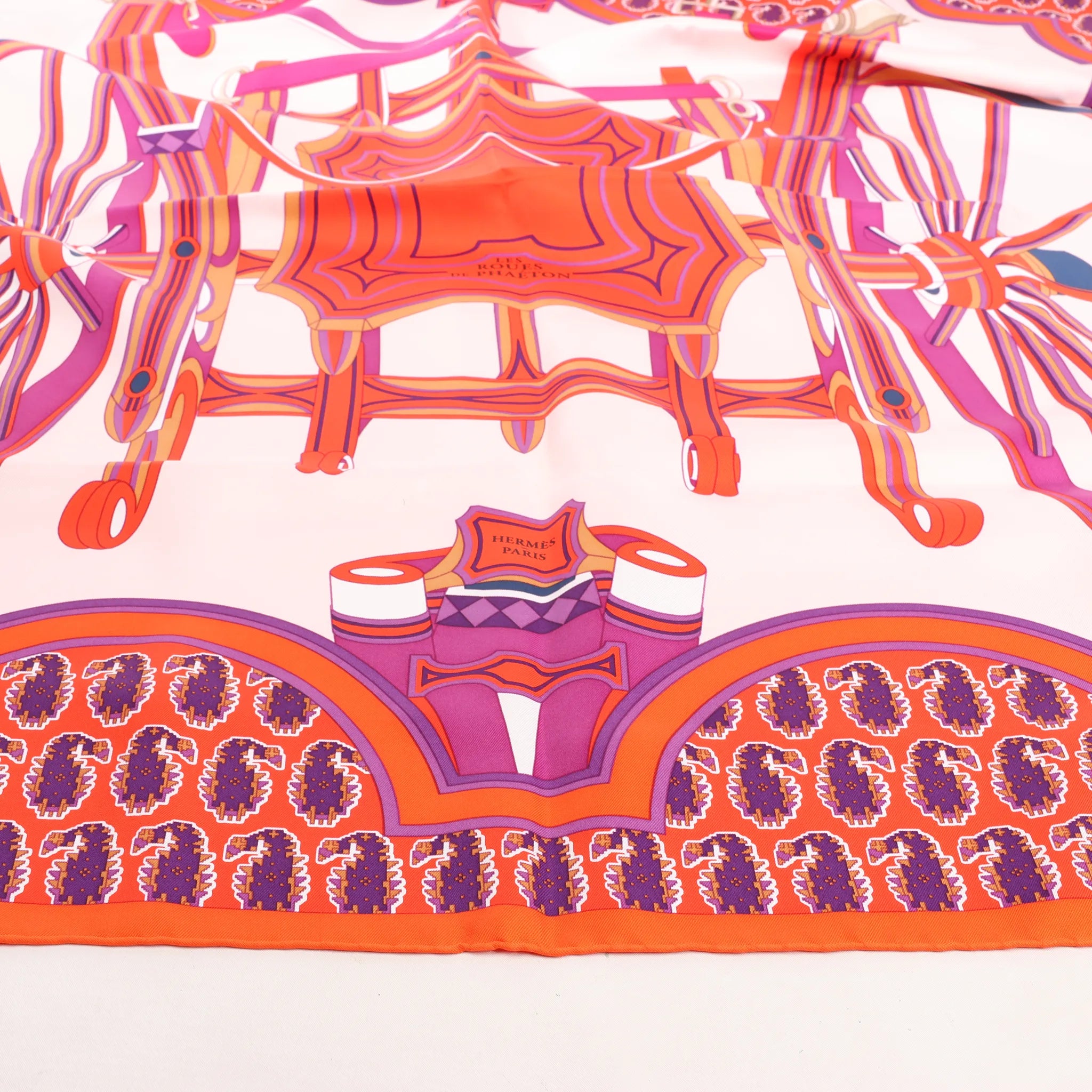 Hermès Carré 90 "LES ROUES DE PHAETON" Silk handkerchief in Orange