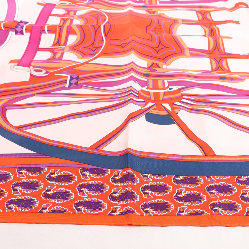 Hermès Carré 90 "LES ROUES DE PHAETON" Silk handkerchief in Orange
