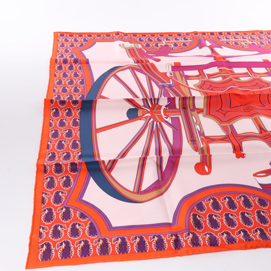 Hermès Carré 90 "LES ROUES DE PHAETON" 100% Silk Scarf in Orange x Pink
