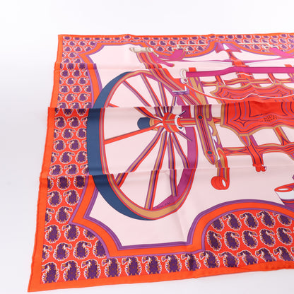Hermès Carré 90 "LES ROUES DE PHAETON" Foulard 100% Soie en Orange x Rose