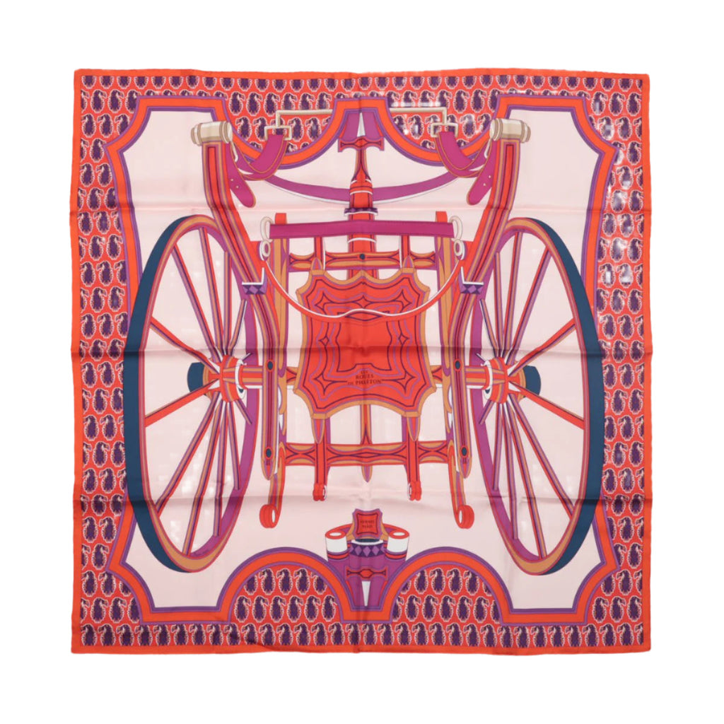 Hermès Carré 90 "LES ROUES DE PHAETON" 100% Silk Scarf in Orange x Pink