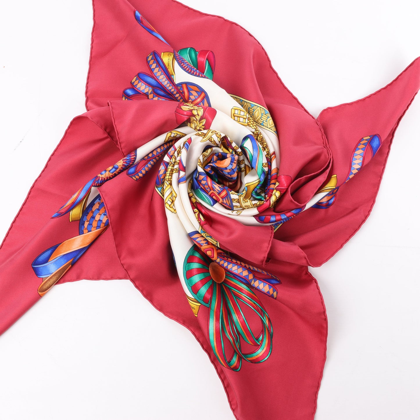 Hermès Carré 90 "LES RUBANS DU CHEVAL" 100% Silk Scarf in Burgundy