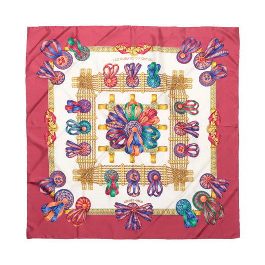 Hermès Carré 90 "LES RUBANS DU CHEVAL" Silk handkerchief in Burgundy