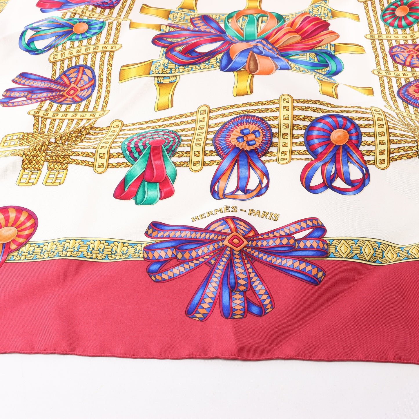Hermès Carré 90 "LES RUBANS DU CHEVAL" 100% Silk Scarf in Burgundy