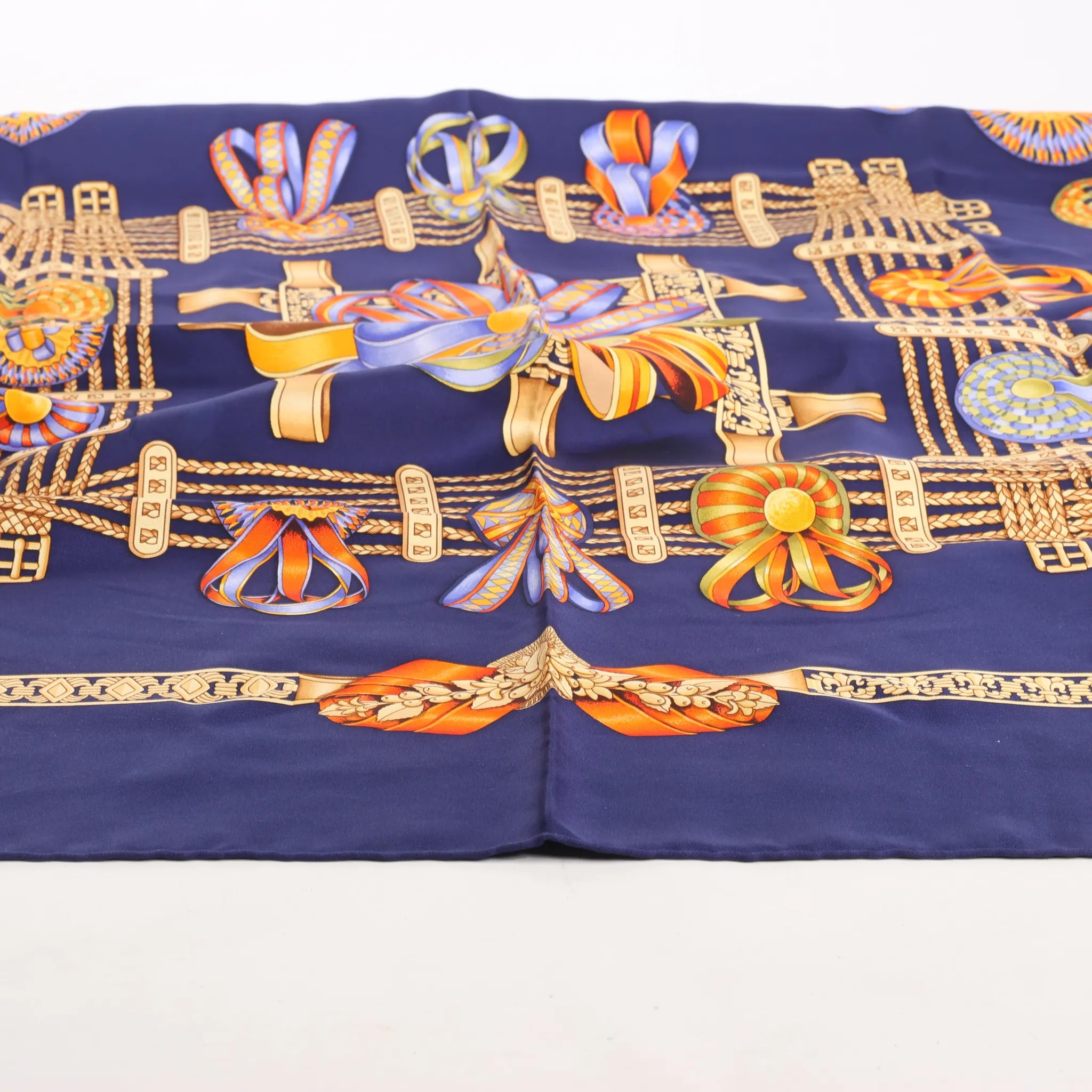 Hermès Carré 90 "LES RUBANS DU CHEVAL" Silk handkerchief in Navy Blue