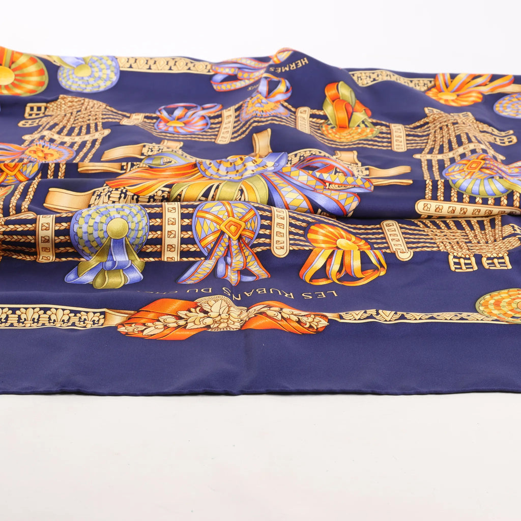 Hermès Carré 90 "LES RUBANS DU CHEVAL" Silk handkerchief in Navy Blue