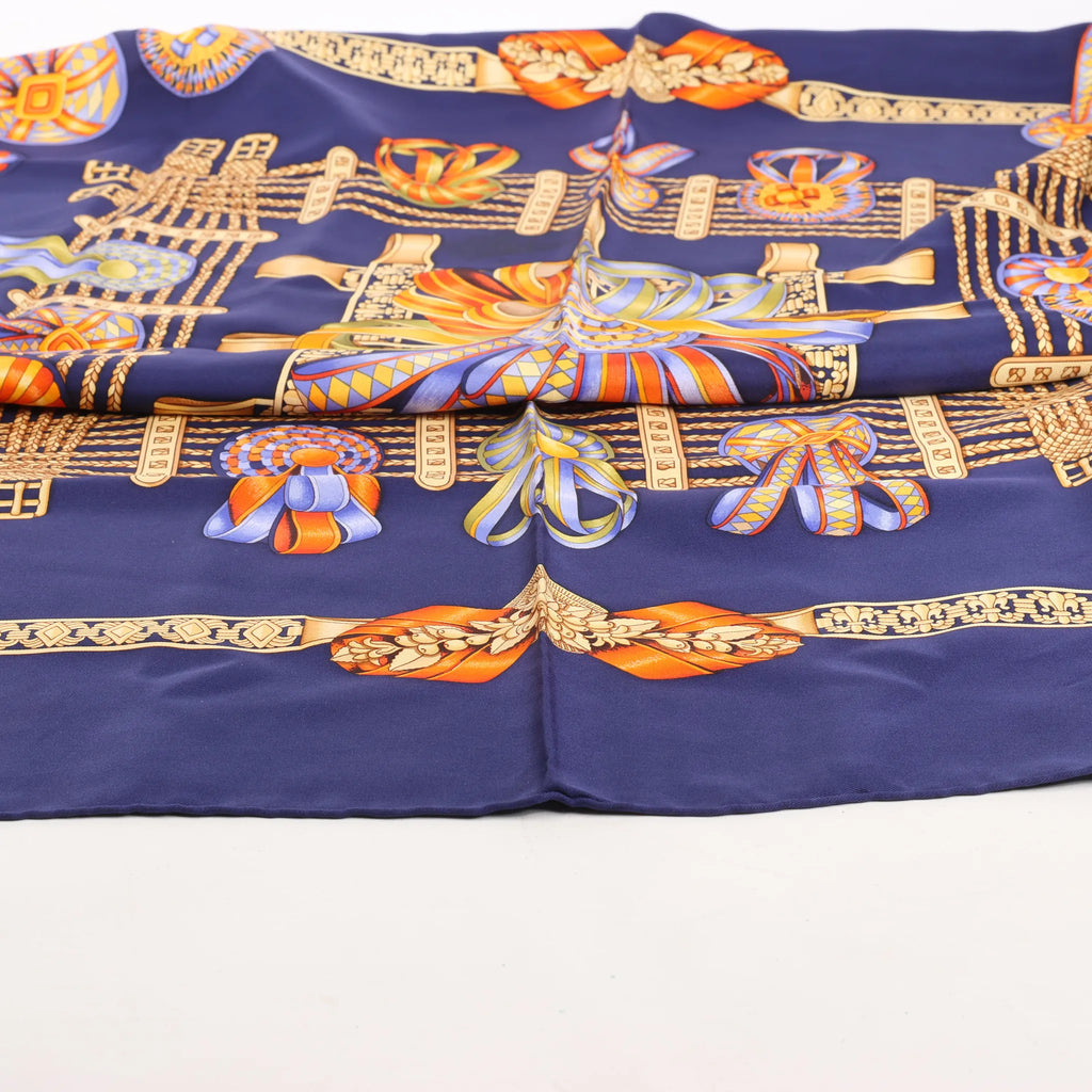 Hermès Carré 90 "LES RUBANS DU CHEVAL" Silk handkerchief in Navy Blue