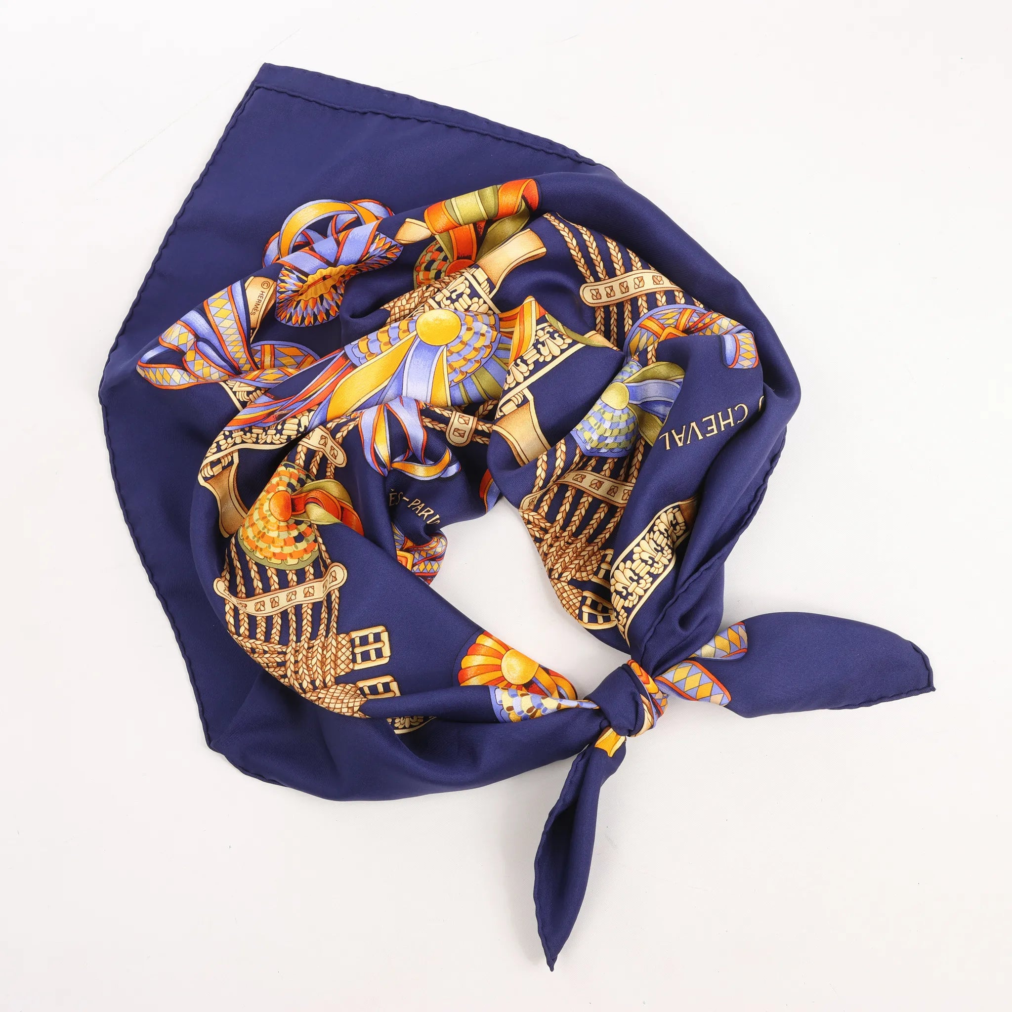 Hermès Carré 90 "LES RUBANS DU CHEVAL" Silk handkerchief in Navy Blue