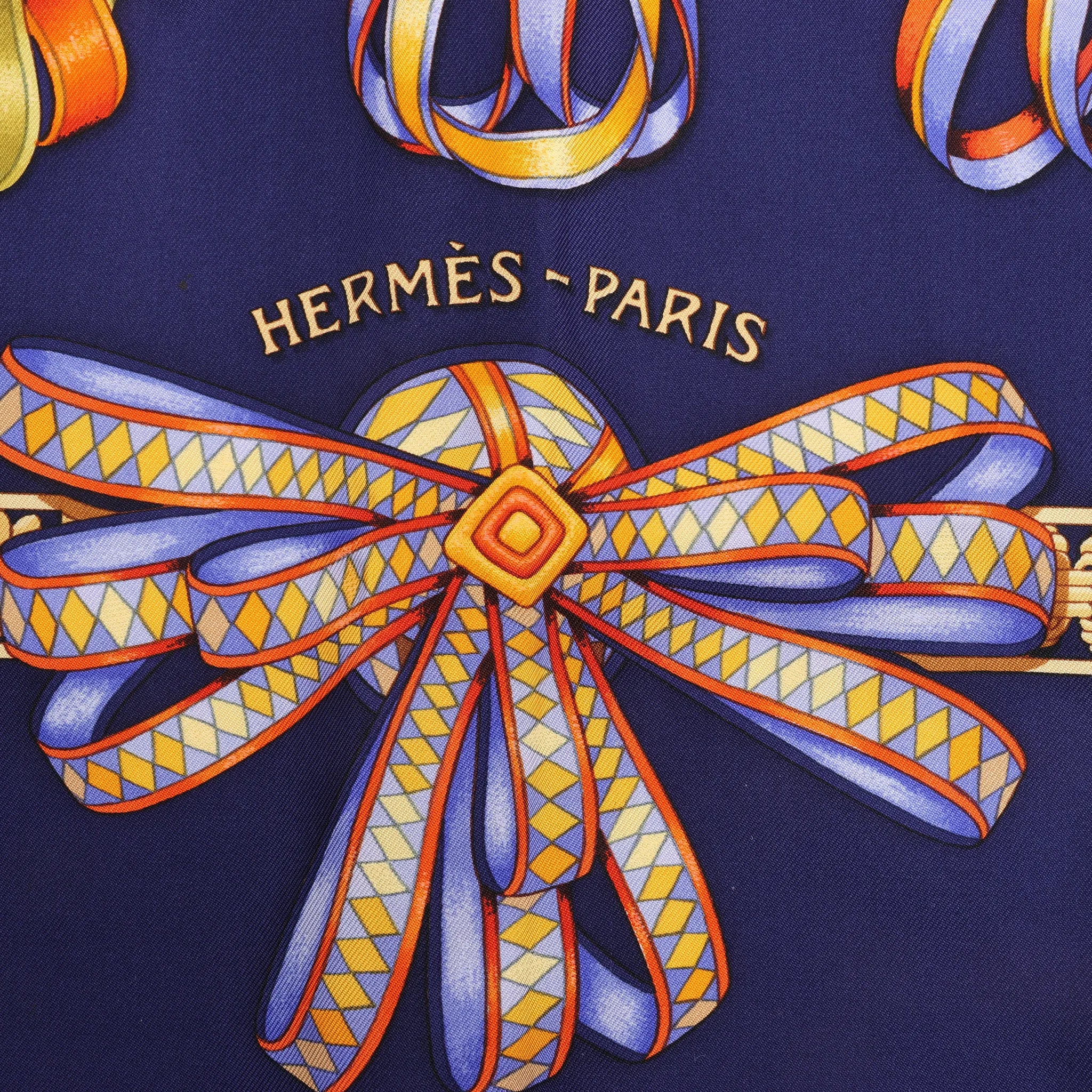 Hermès Carré 90 "LES RUBANS DU CHEVAL" Silk handkerchief in Navy Blue