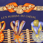 Hermès Carré 90 "LES RUBANS DU CHEVAL" Silk handkerchief in Navy Blue