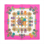 Hermès Carré 90 “Les Rubans du Cheval” silk scarf in pink with ivory center, ornate gold frame, and multicolor ribbon bow motifs.