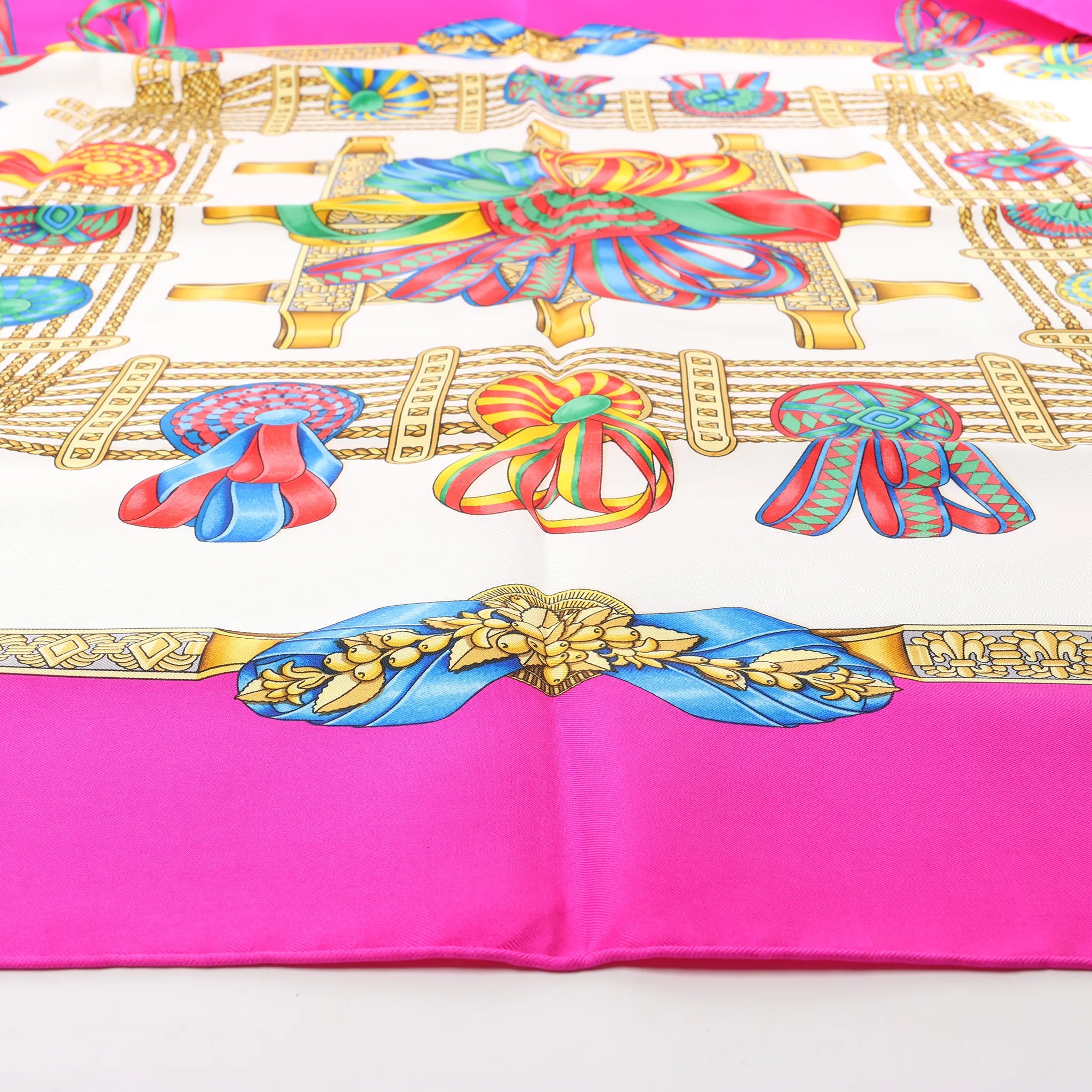 Hermès Carré 90 "LES RUBANS DU CHEVAL" Silk handkerchief in Pink