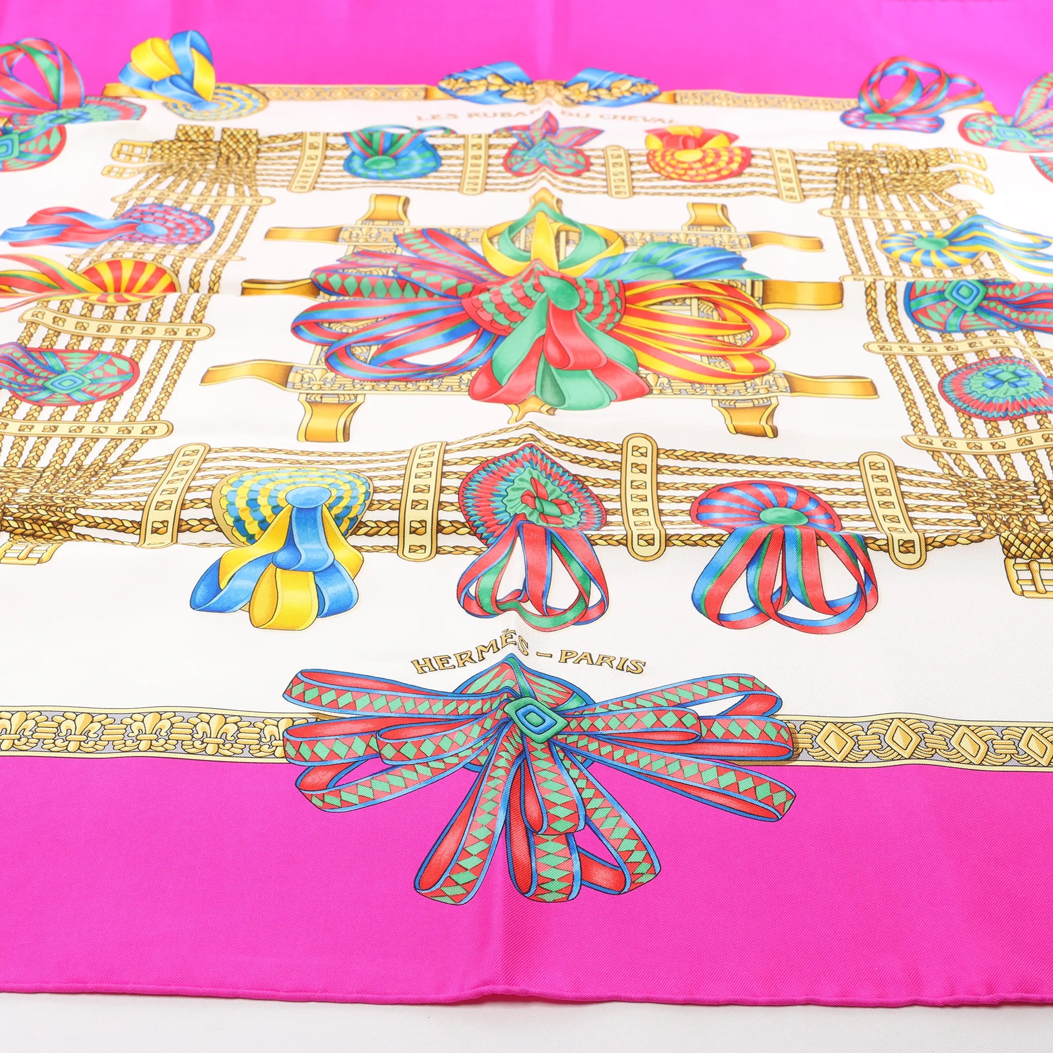 Hermès Carré 90 "LES RUBANS DU CHEVAL" Silk handkerchief in Pink