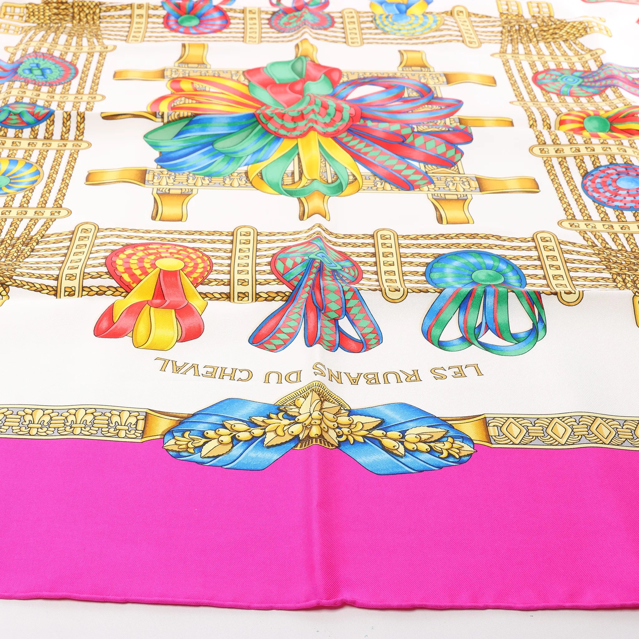 Hermès Carré 90 "LES RUBANS DU CHEVAL" Silk handkerchief in Pink