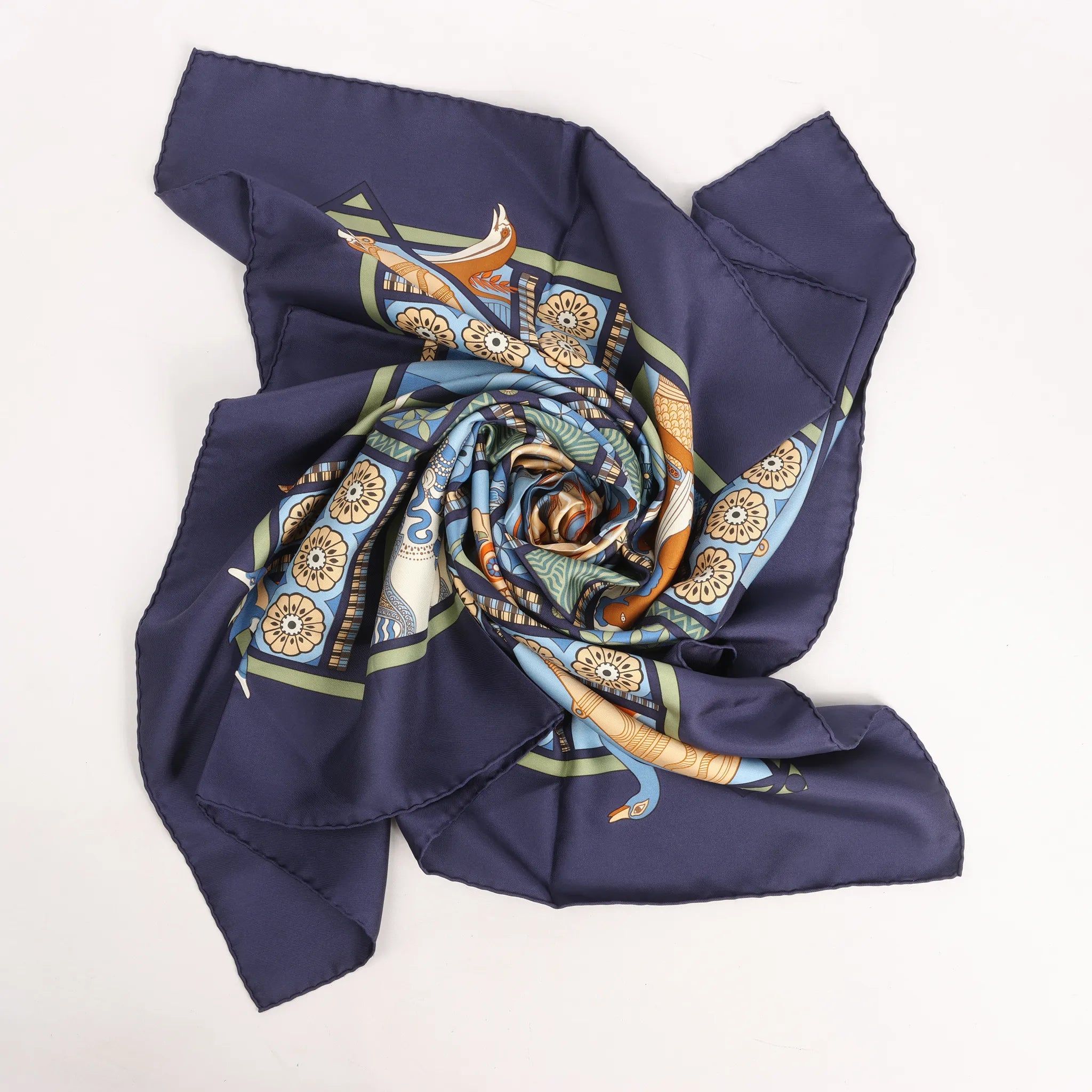 Hermès Carré 90 "LES SECRETS DE MINOS" Silk handkerchief in Navy Blue