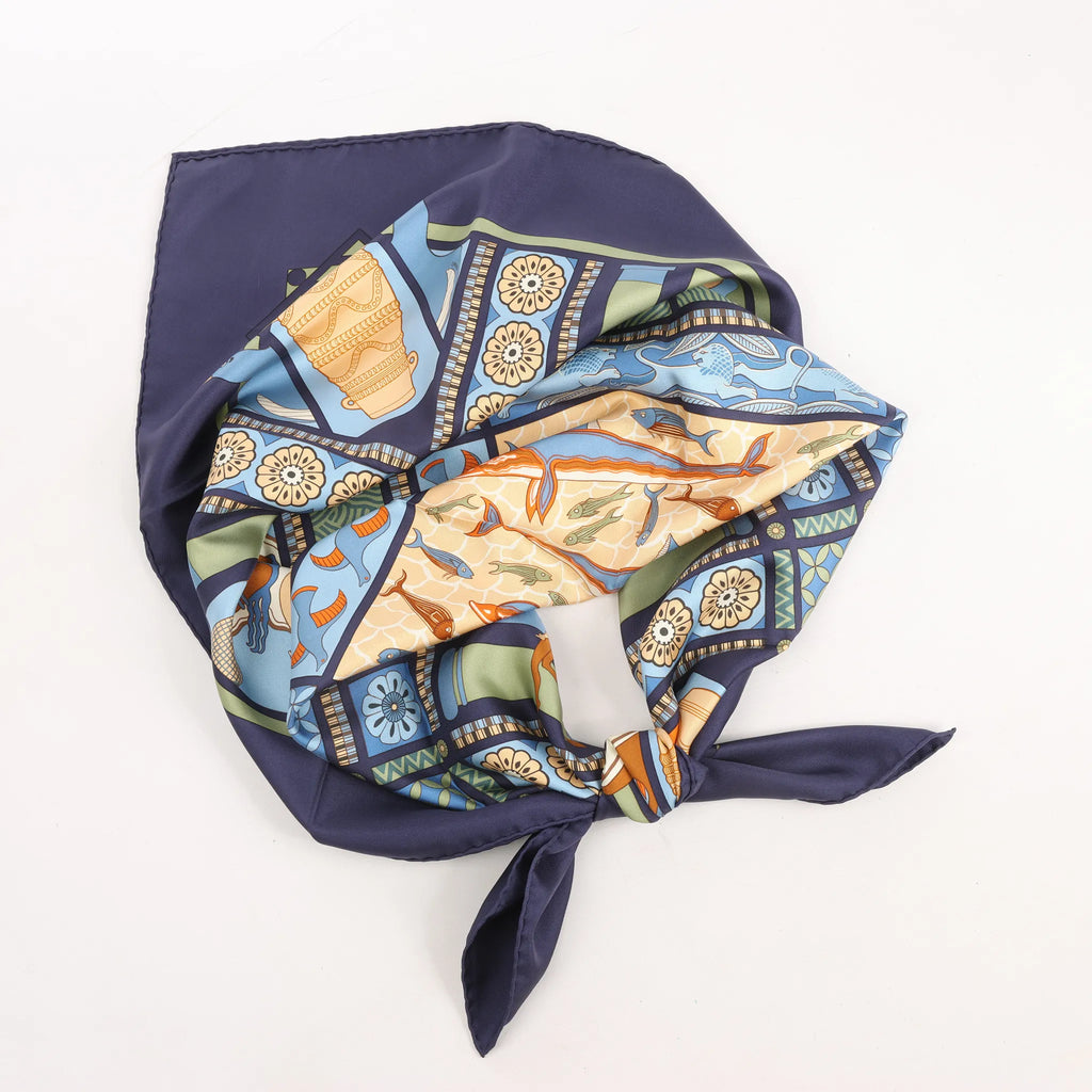 Hermès Carré 90 "LES SECRETS DE MINOS" Silk handkerchief in Navy Blue