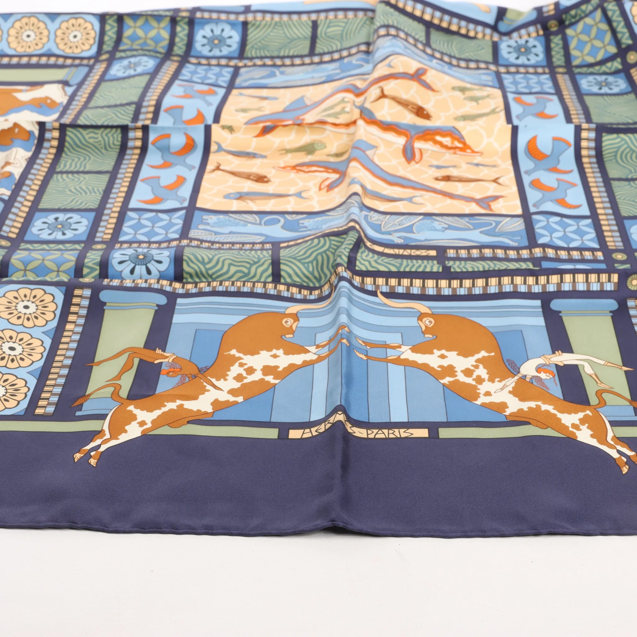 Hermès Carré 90 "LES SECRETS DE MINOS" Silk handkerchief in Navy Blue