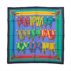 Blue Hermès Carré 90 silk scarf with colorful striped equestrian straps, brown buckle details, turquoise border and navy edging.