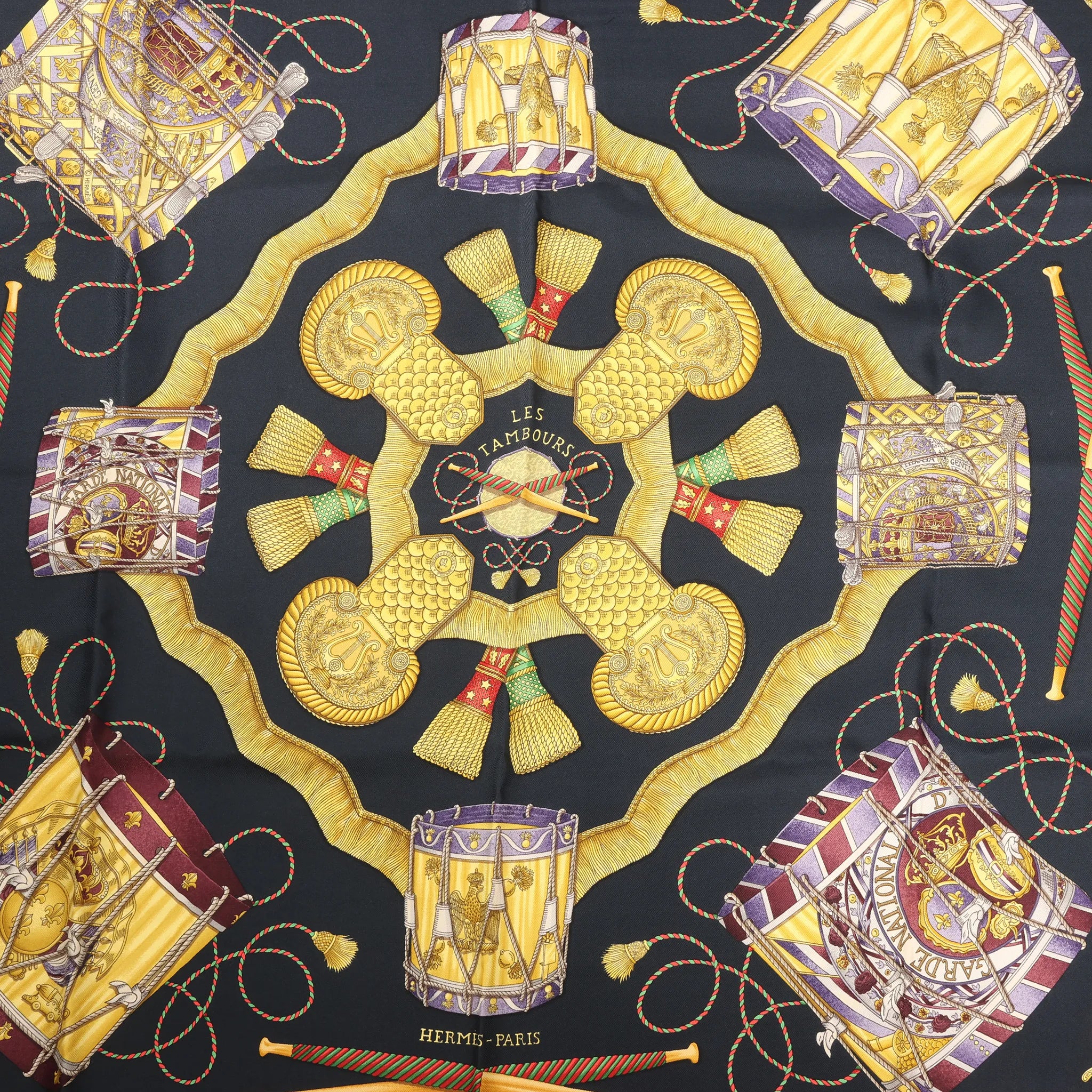 Hermès Carré 90 "LES TAMBOURS" Silk handkerchief in Black