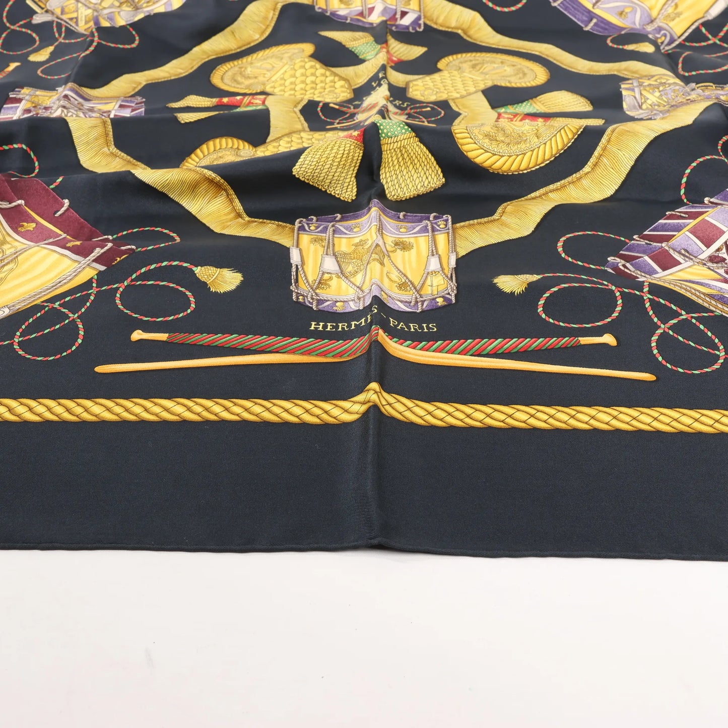 Hermès Carré 90 "LES TAMBOURS" Silk handkerchief in Black