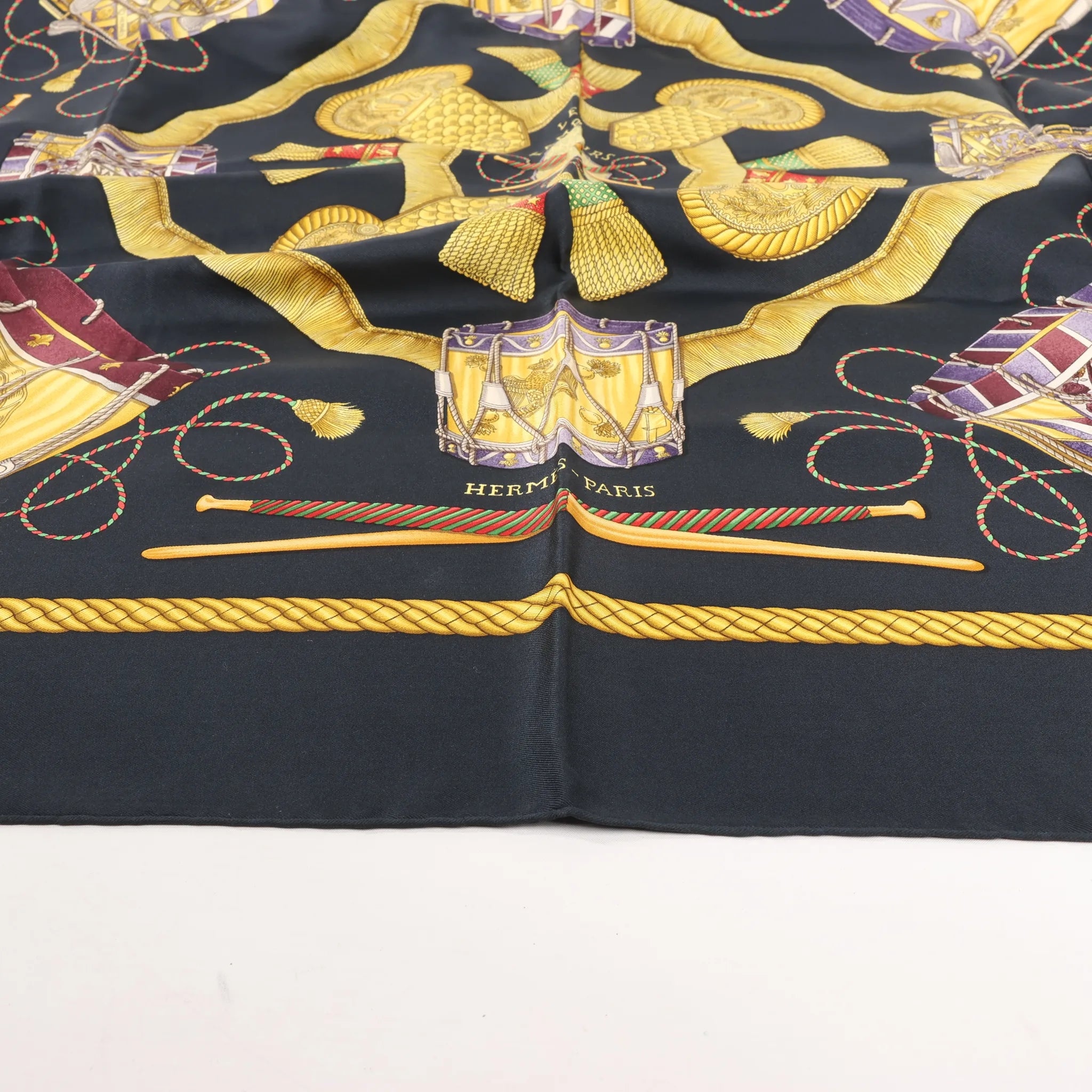Hermès Carré 90 "LES TAMBOURS" Silk handkerchief in Black