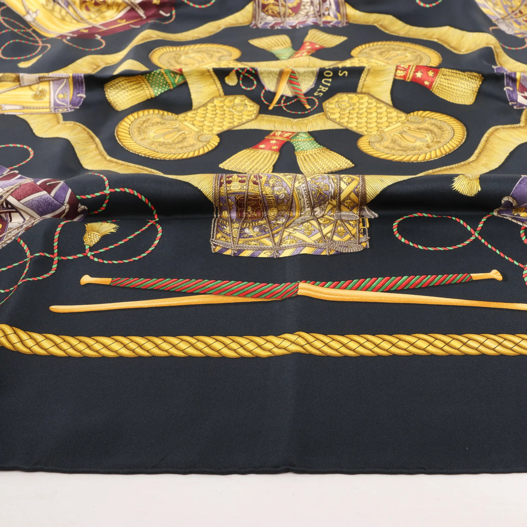 Hermès Carré 90 "LES TAMBOURS" Silk handkerchief in Black