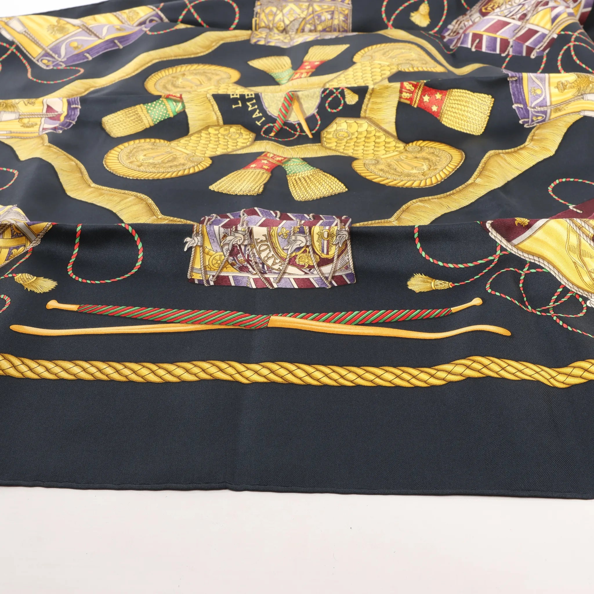 Hermès Carré 90 "LES TAMBOURS" Silk handkerchief in Black
