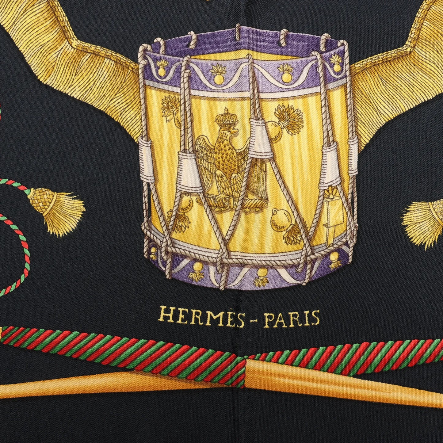 Hermès Carré 90 "LES TAMBOURS" Silk handkerchief in Black