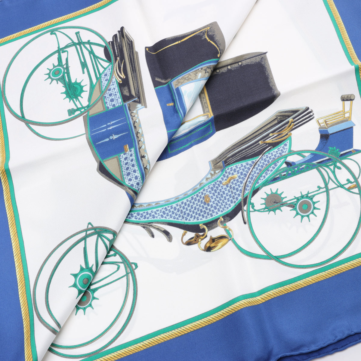 Hermès Carré 90 "LES VOITURES A TRANSFORMATION" Silk handkerchief in Blue