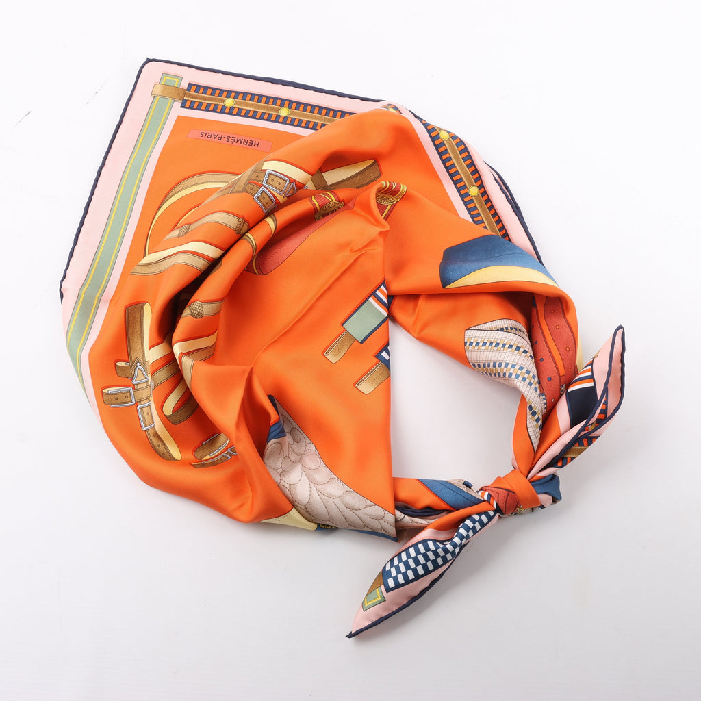 Hermès Carré 90 "LETTRES EQUESTRES" 100% Silk Scarf in Orange