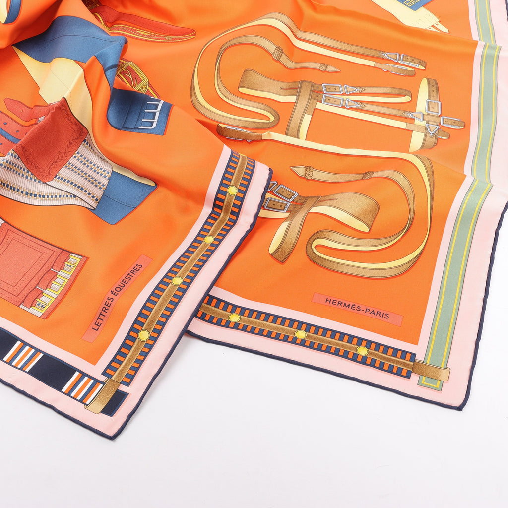 Hermès Carré 90 "LETTRES EQUESTRES" 100% Silk Scarf in Orange