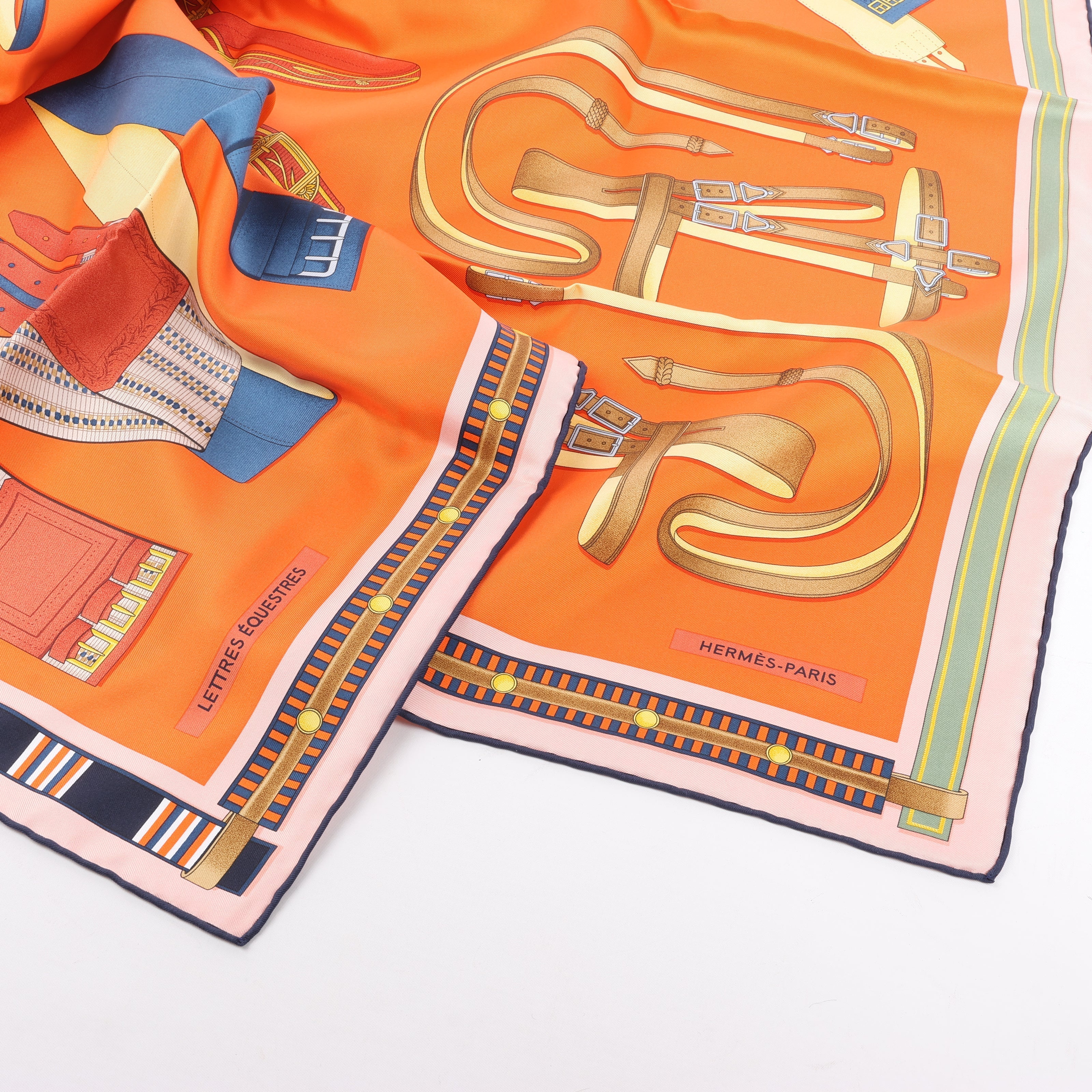 Hermès Carré 90 "LETTRES EQUESTRES" 100% Silk Scarf in Orange