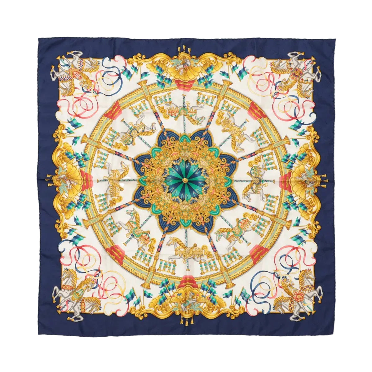 Hermès Carré 90 “Lunapark” silk scarf with navy border and central ornate carousel wheel design featuring horses, gold details, and multicolor ribbons.